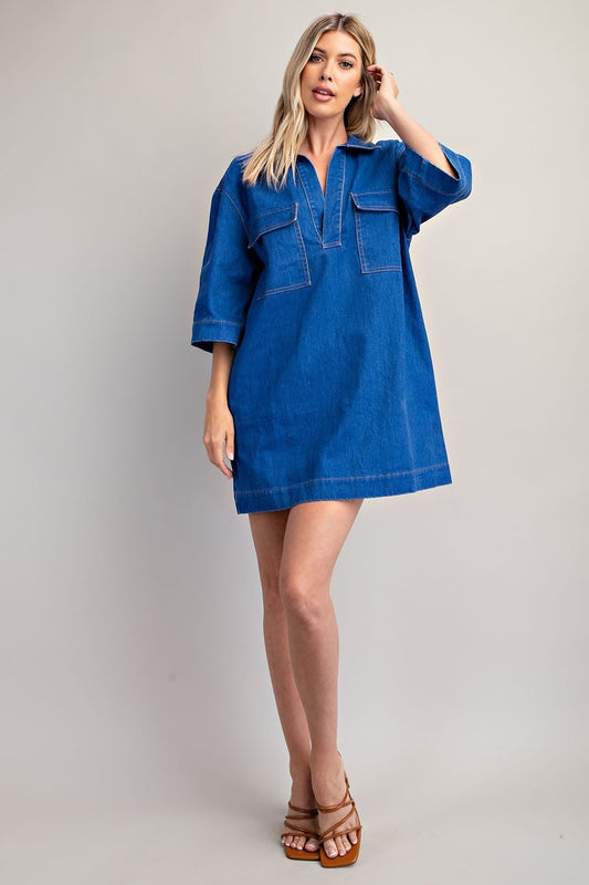 V-Neck Lapel Collar Shirt Dress