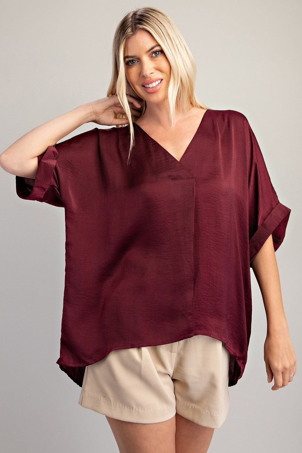 V-Neck High Low Blouse - Burgundy