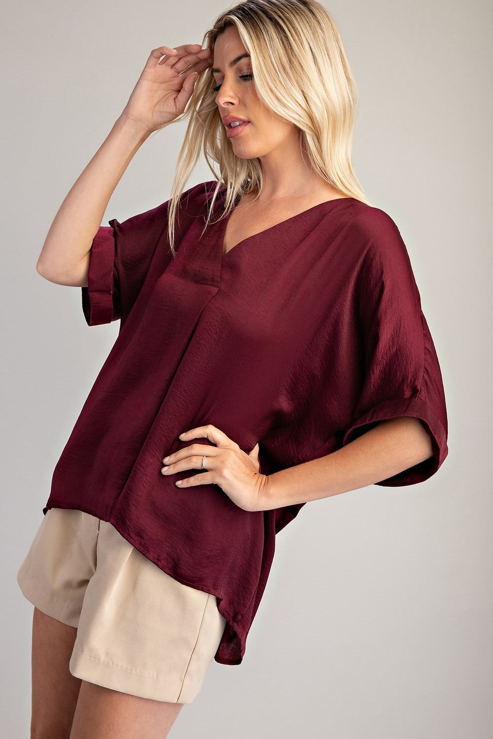 V-Neck High Low Blouse - Burgundy