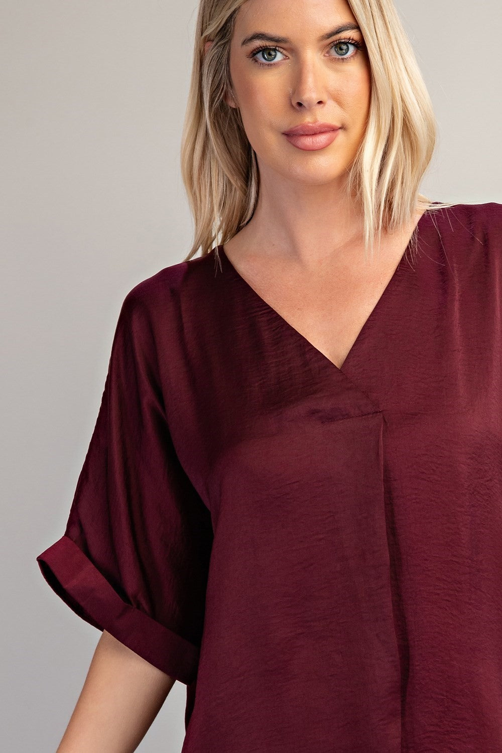 V-Neck High Low Blouse - Burgundy