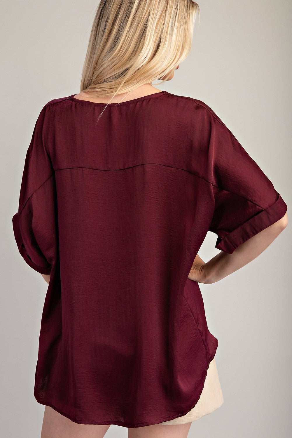 V-Neck High Low Blouse - Burgundy