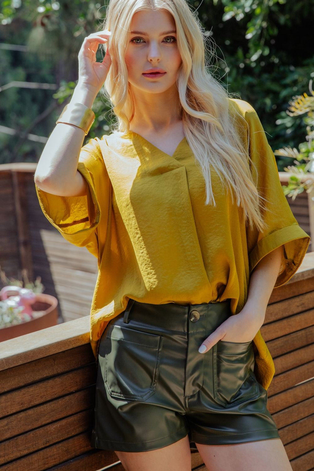 V-Neck High Low Blouse - Mustard