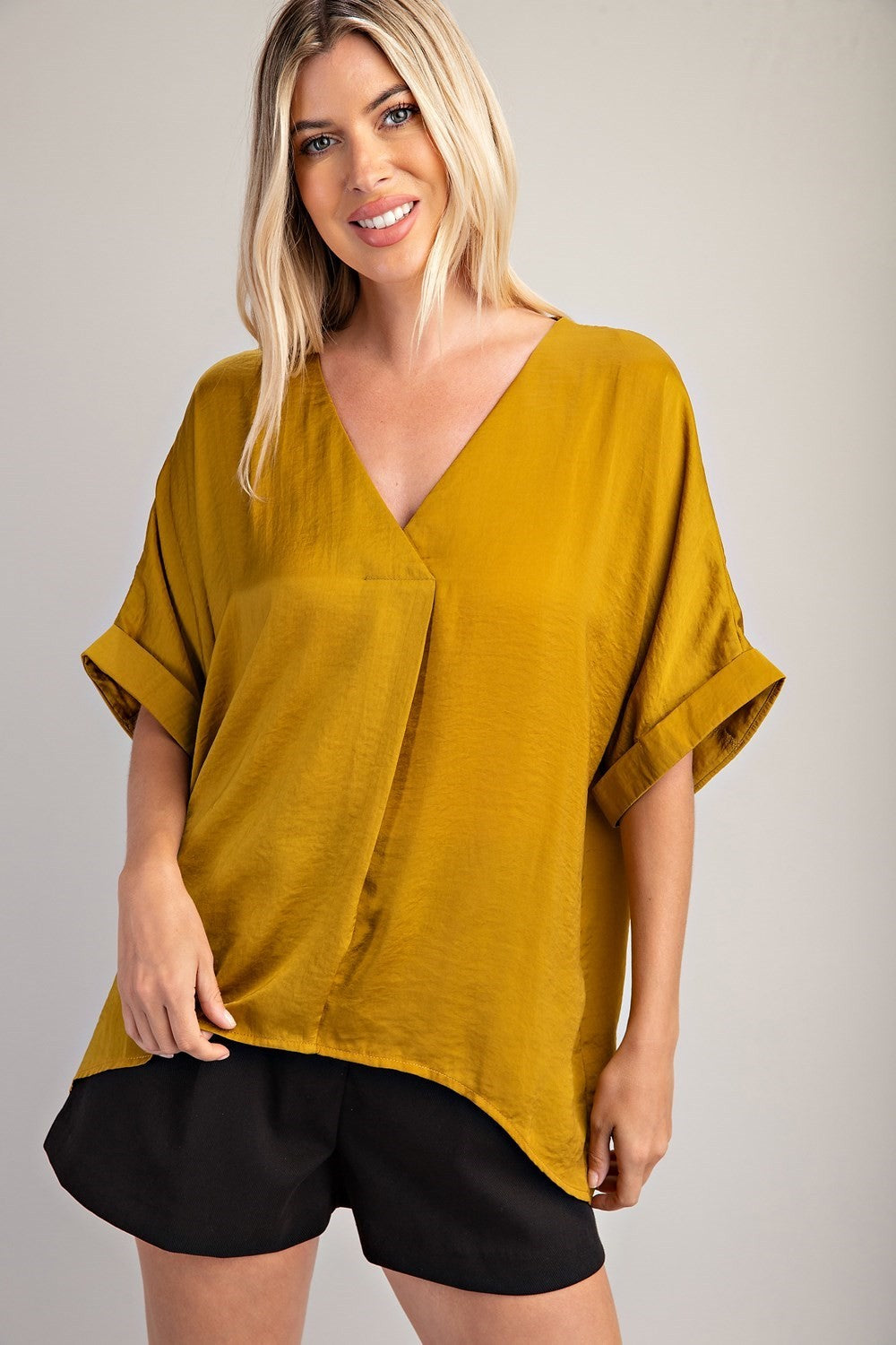 V-Neck High Low Blouse - Mustard