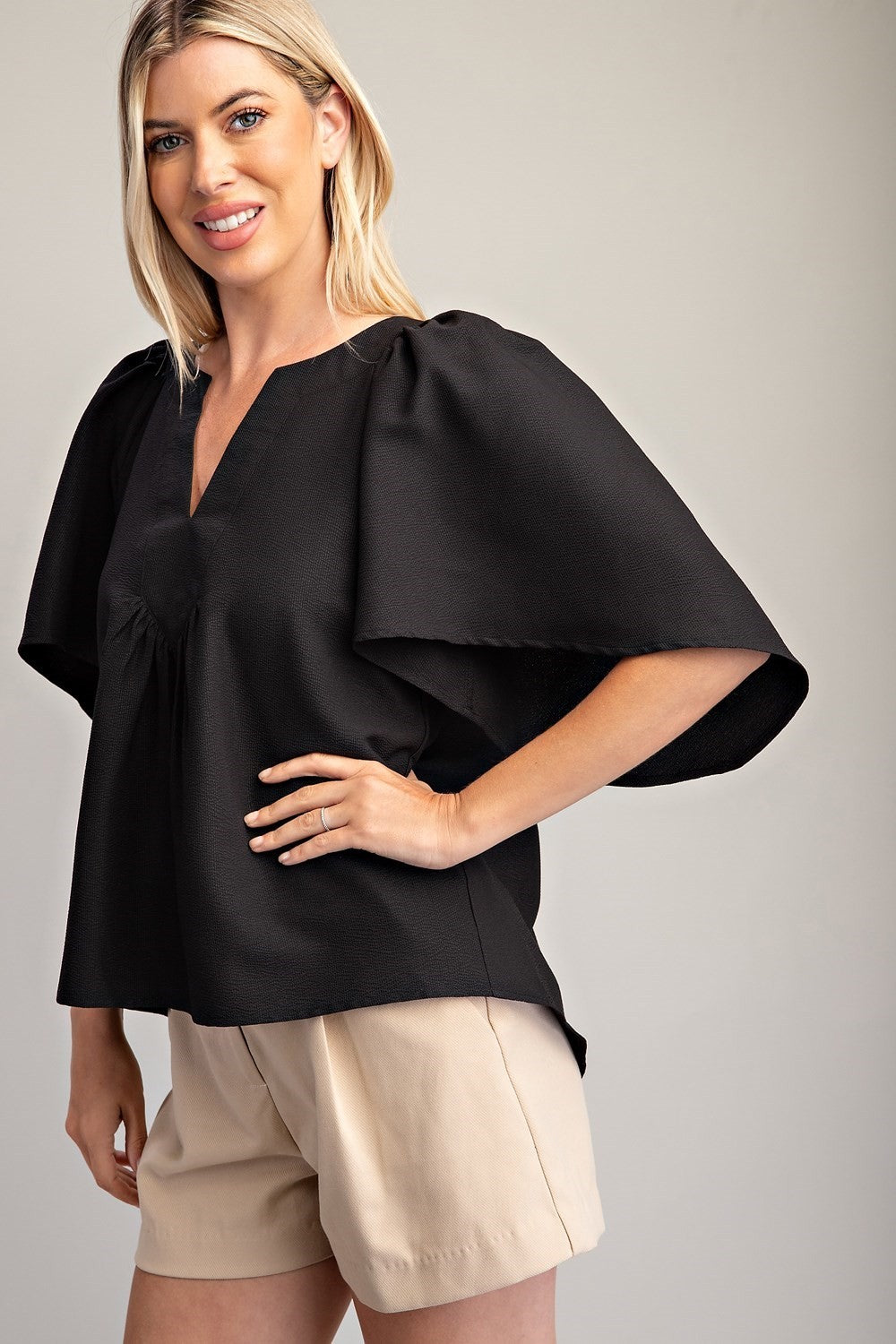 FINAL SALE Placket Ruffle Sleeve Top - Black