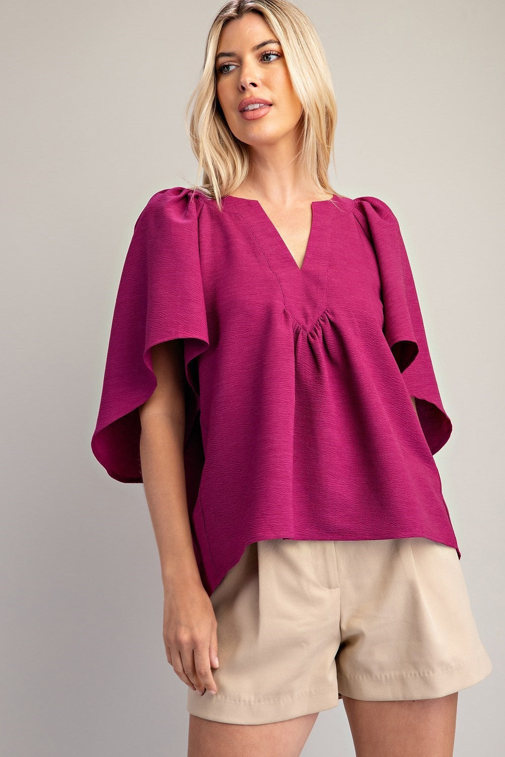 Placket Ruffle Sleeve Top - Plum