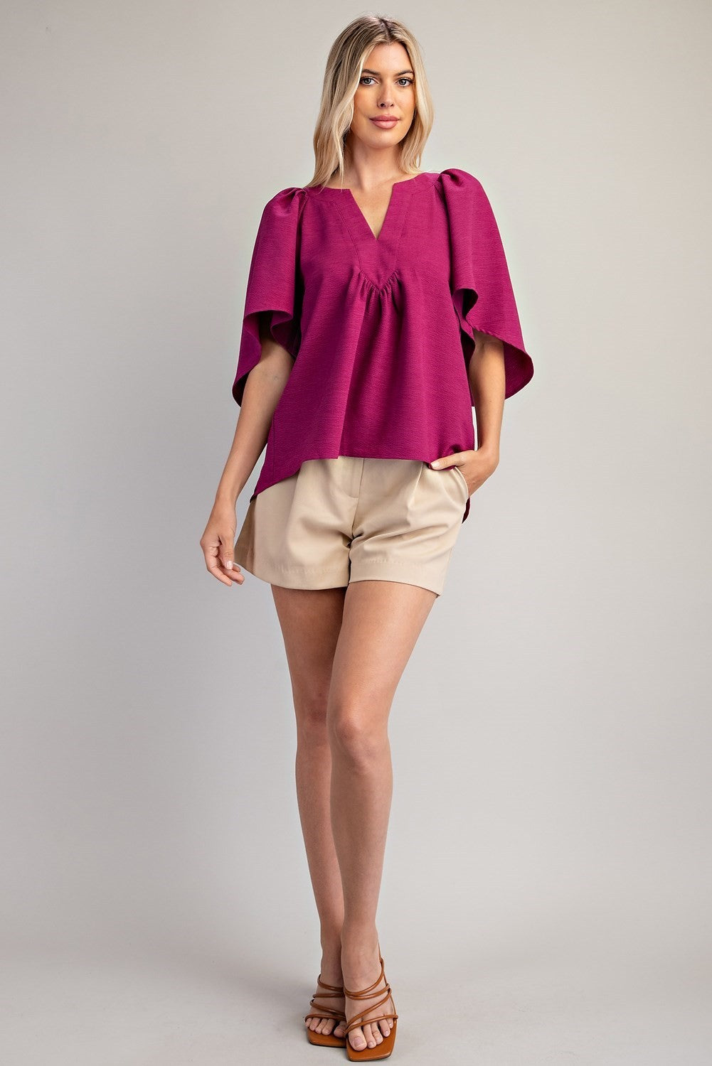 Placket Ruffle Sleeve Top - Plum