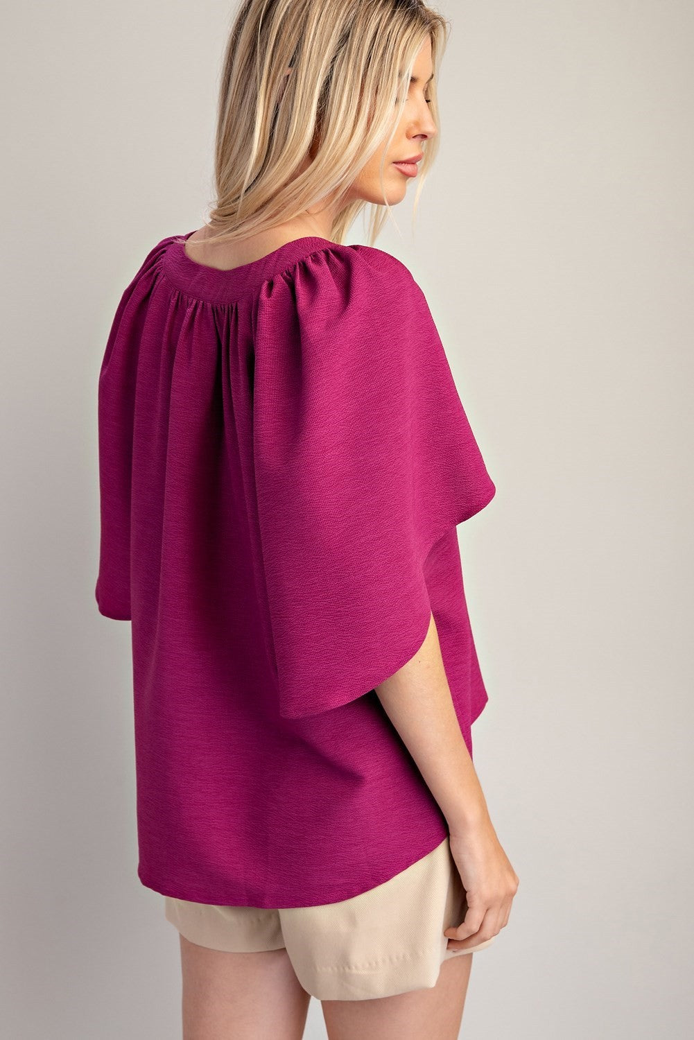 Placket Ruffle Sleeve Top - Plum