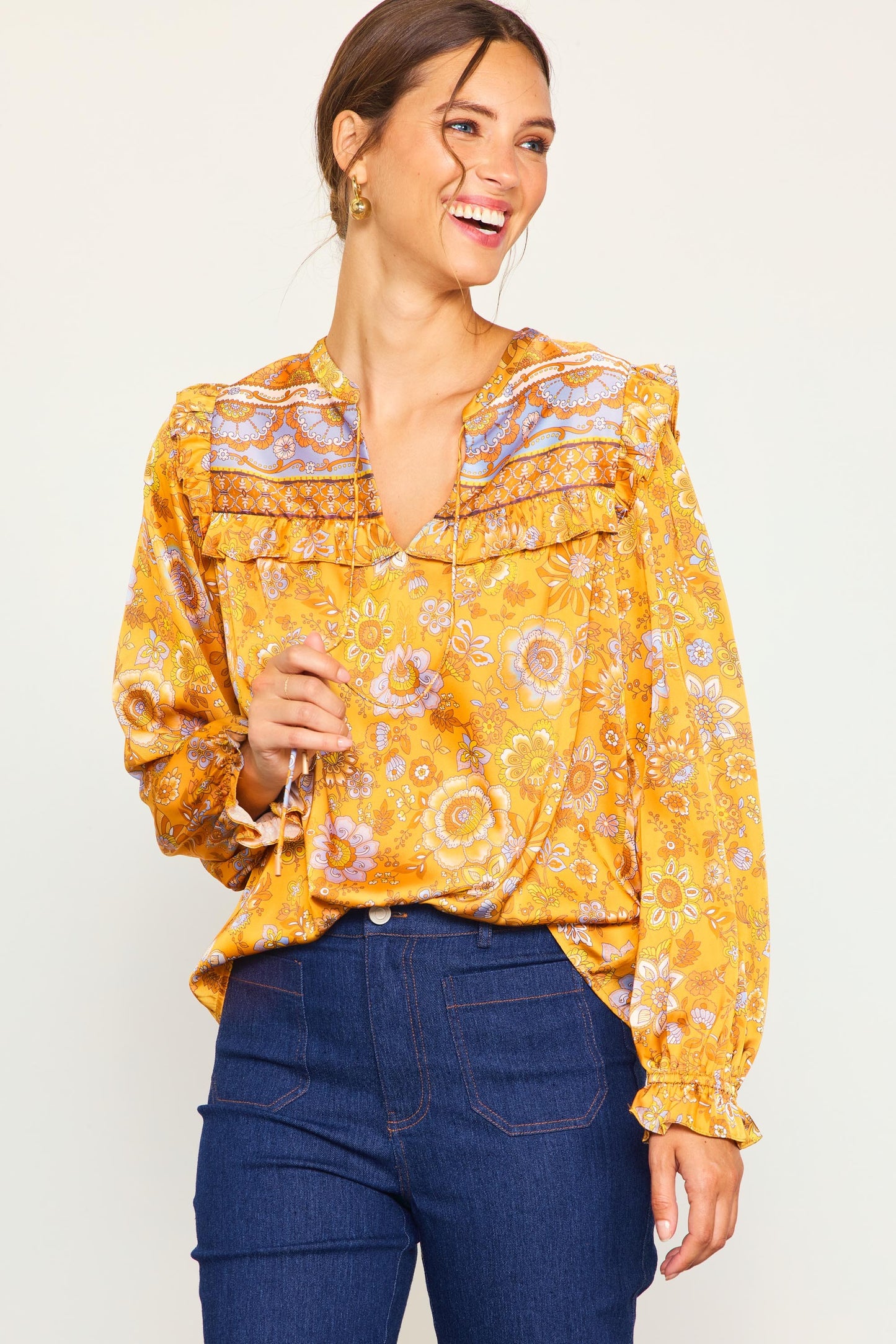 FINAL SALE Border Print Long Sleeve Blouse