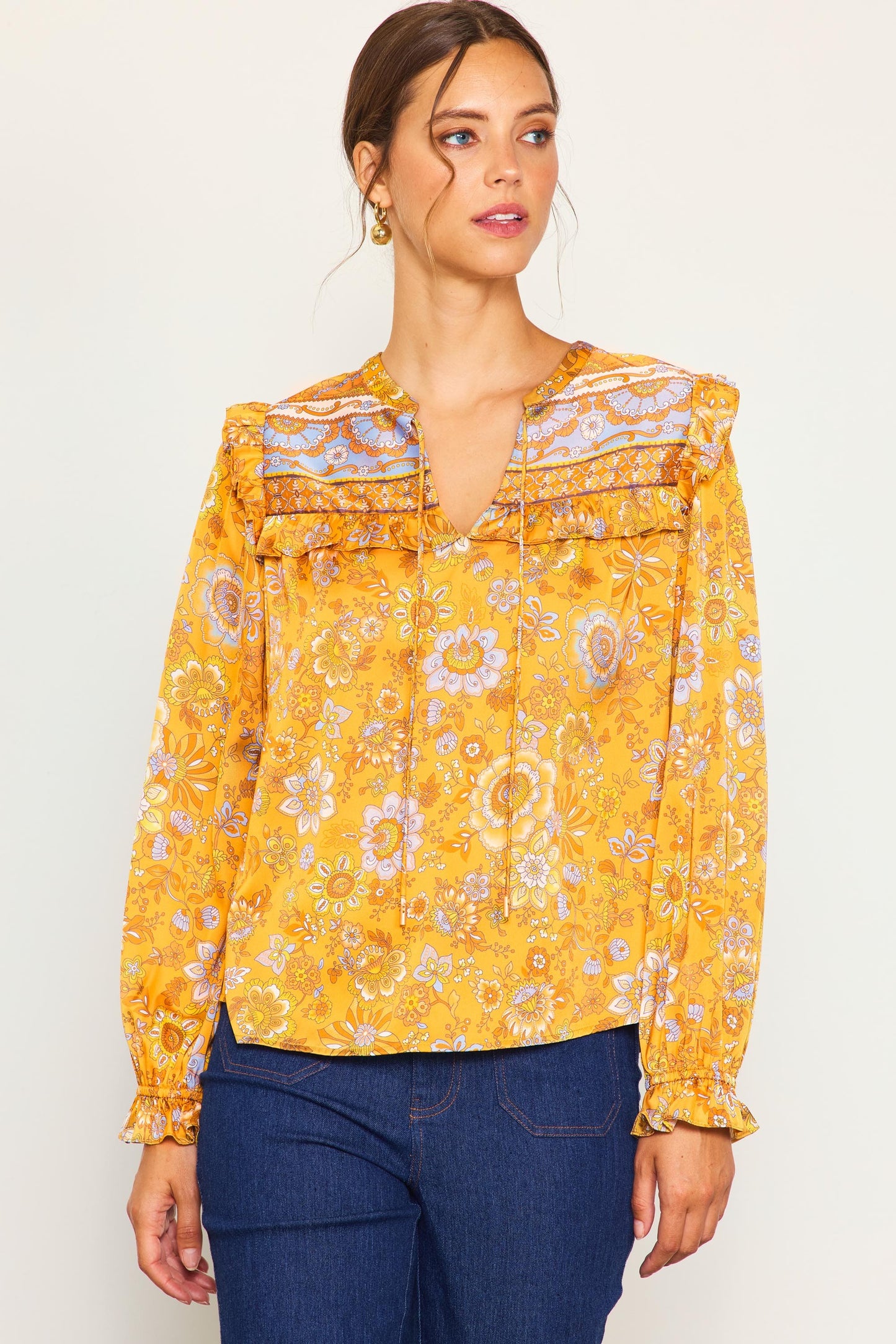 Border Print Long Sleeve Blouse