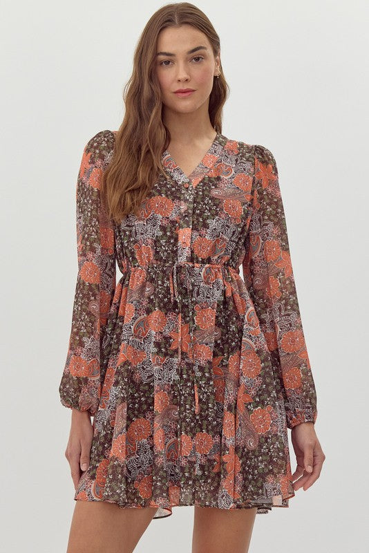 FINAL SALE Floral Print Chiffon Drawstring Waist Dress