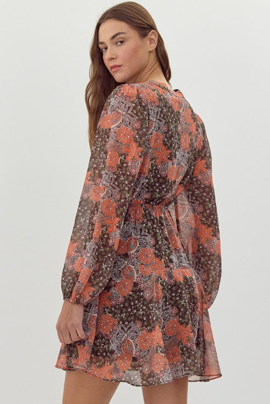 Floral Print Chiffon Drawstring Waist Dress