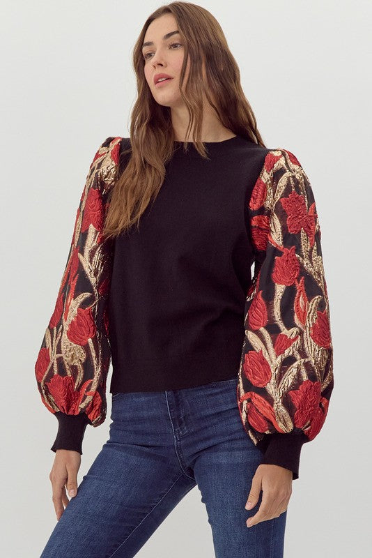 FINAL SALE Knit & Jacquard Balloon Sleeves Top