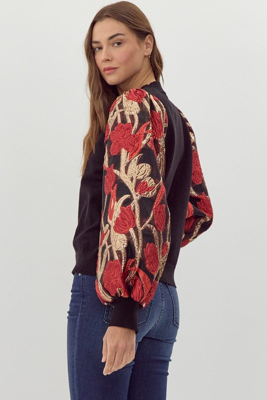 FINAL SALE Knit & Jacquard Balloon Sleeves Top