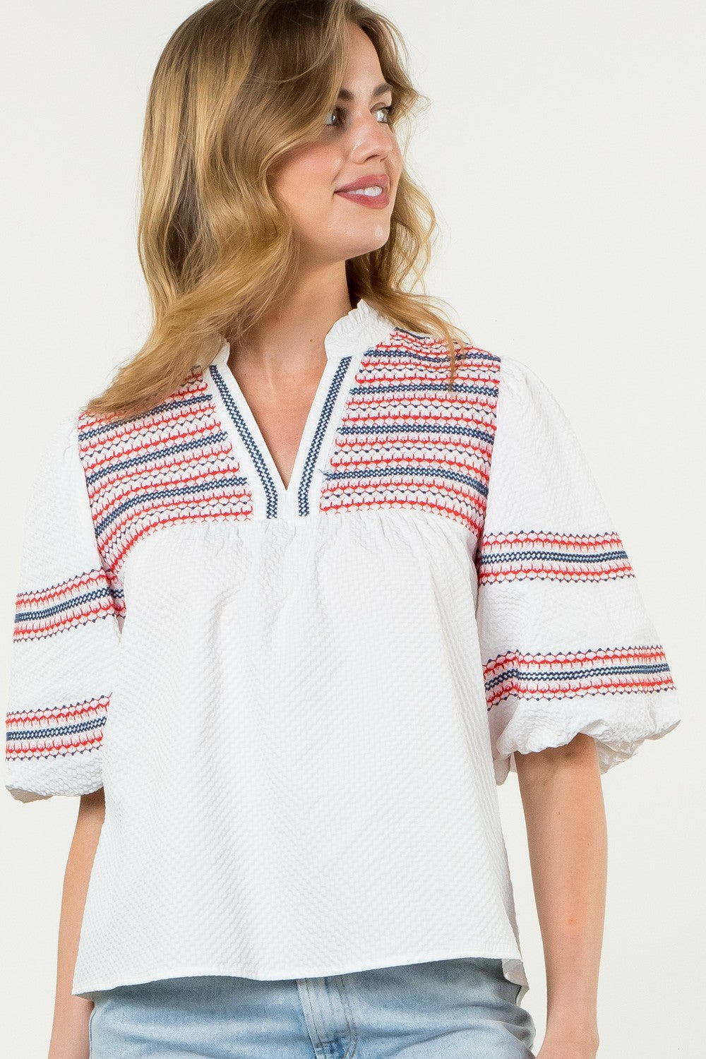 Embroidered Puff Sleeve Textured Top