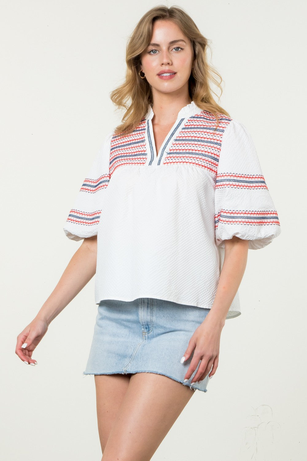 Embroidered Puff Sleeve Textured Top