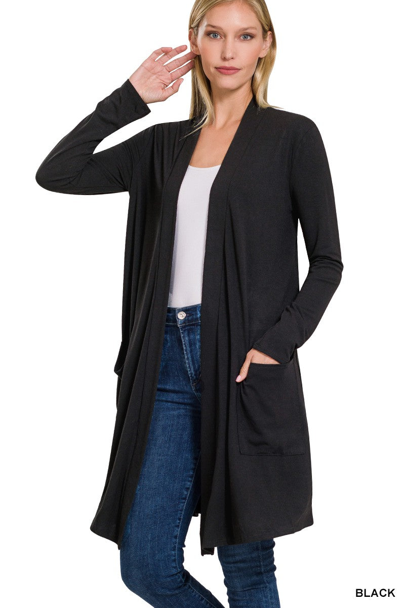 Slouchy Pocket Open Cardigan - Black