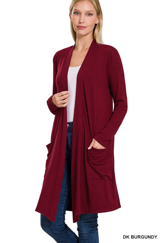 Slouchy Pocket Open Cardigan - Burgundy