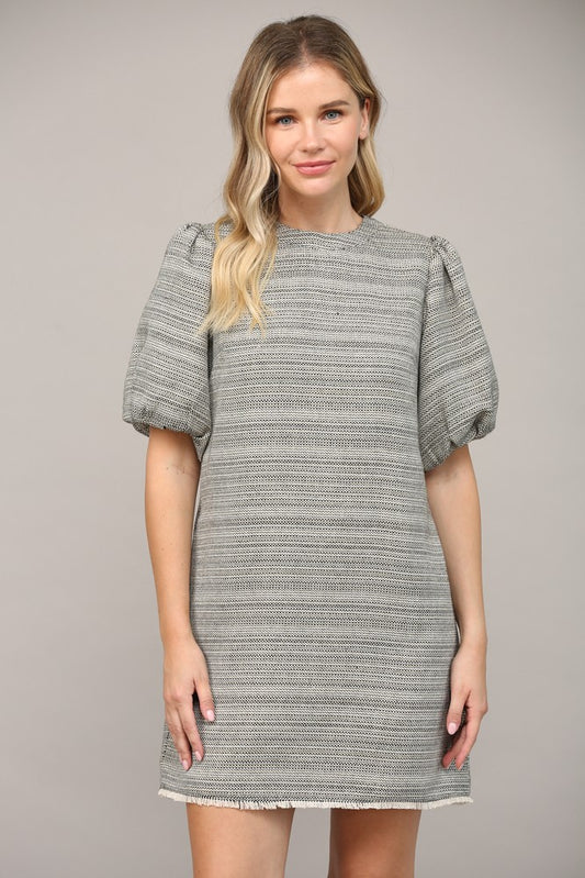 Metallic Tweed Short Puff Sleeve Dress