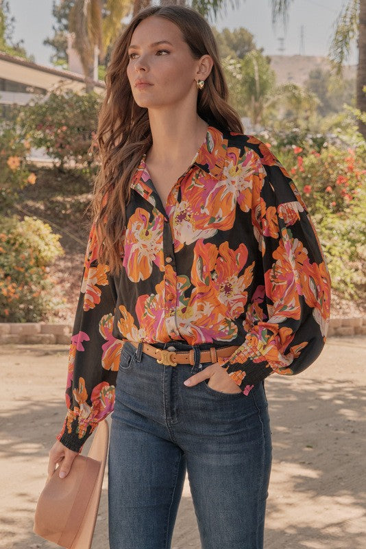 Satin Flower Print Collared Top