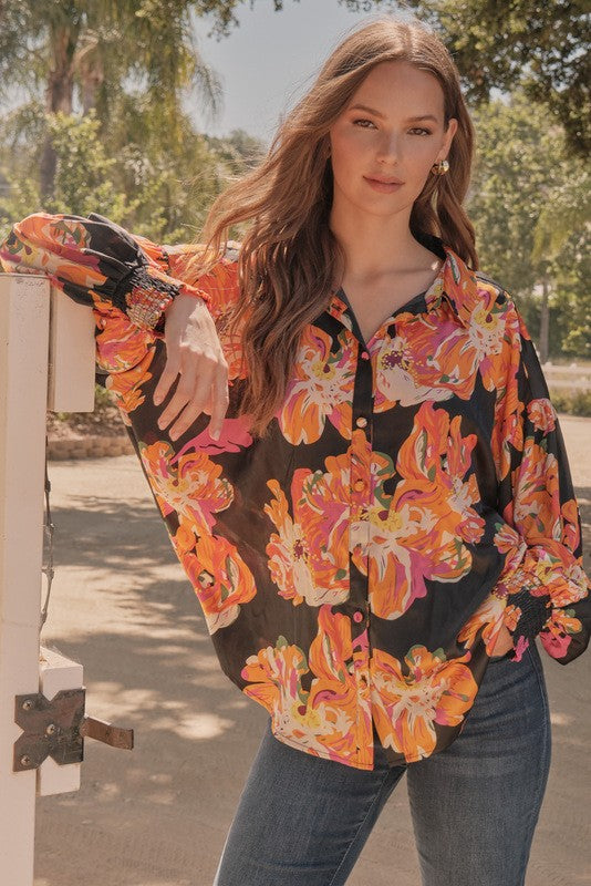 Satin Flower Print Collared Top