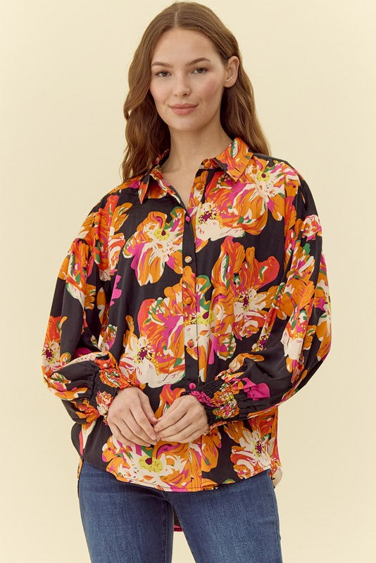 Satin Flower Print Collared Top