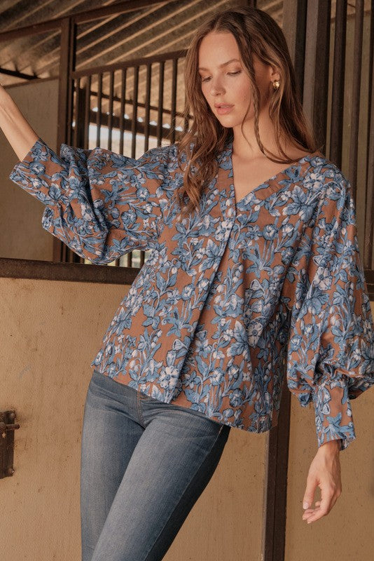 Brown & Blue Floral Print Top