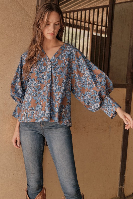 Brown & Blue Floral Print Top