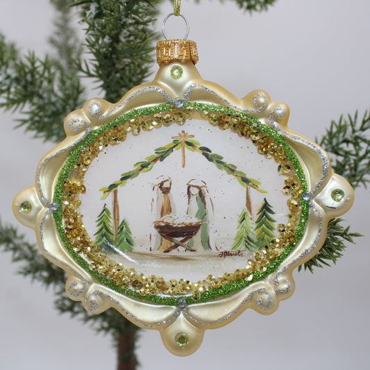 Evergreen Nativity Glass Ornament