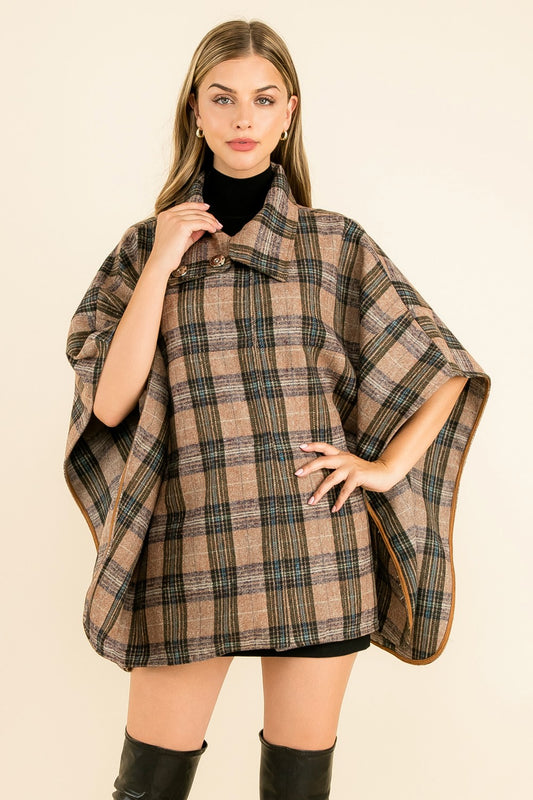 High Neck Plaid Poncho