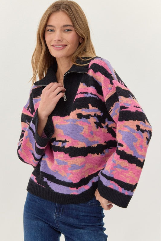 Multicolor Zipper High Neck Sweater