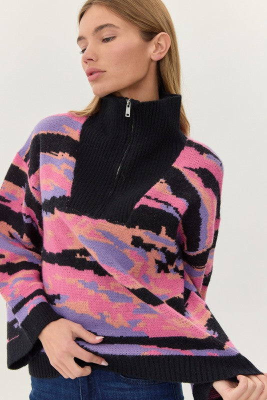 Multicolor Zipper High Neck Sweater