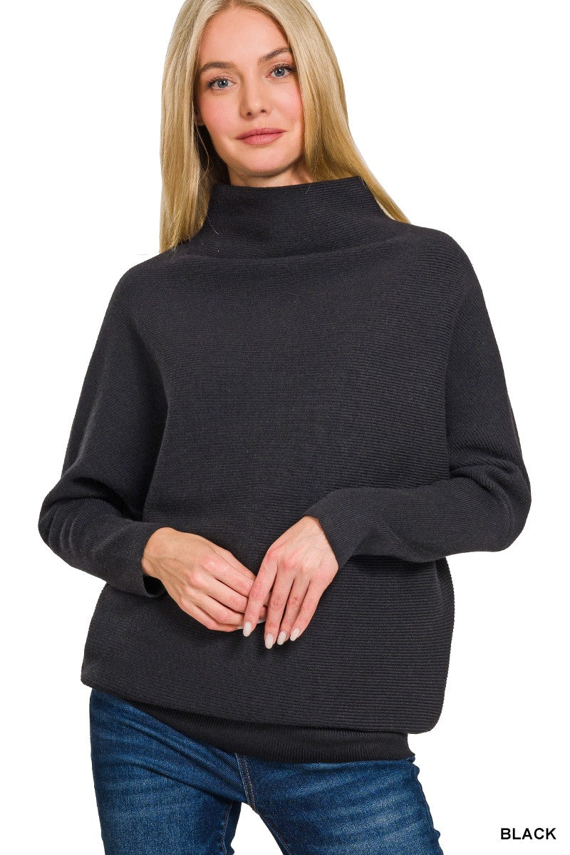 Dolman Sleeve Mock Neck Sweater - Black