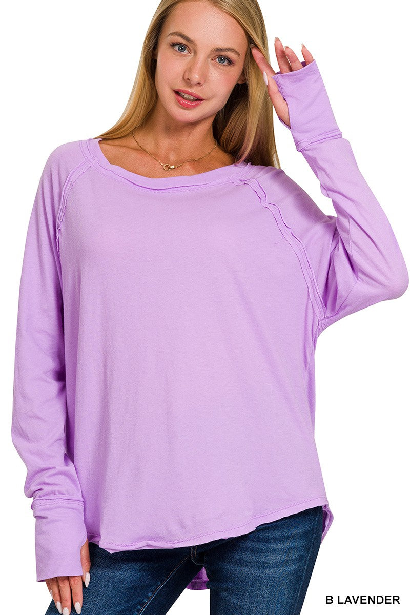 Cotton Raglan Sleeve Thumbhole Top - Lavender