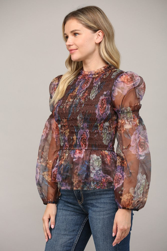 Floral Print Smocked Peplum Top