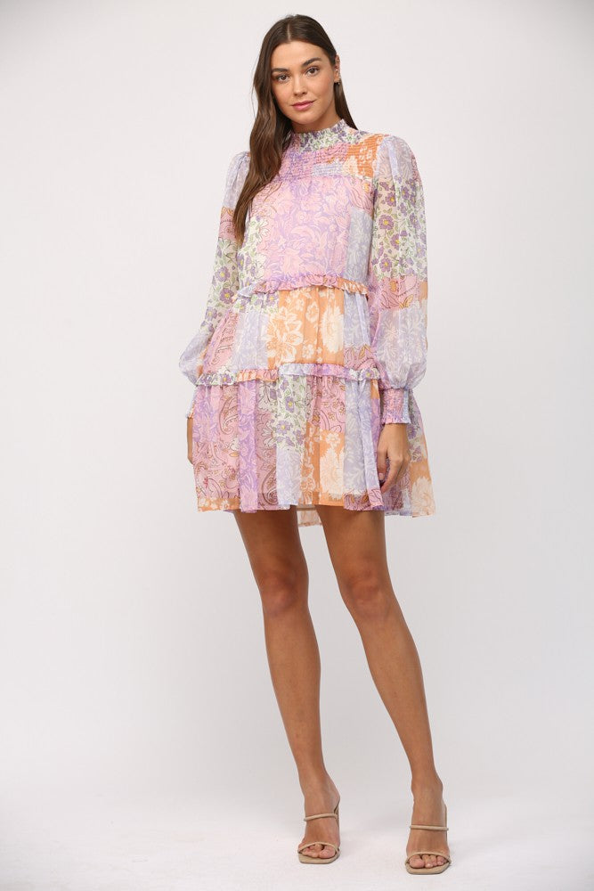 Patchwork Print Chiffon Dress