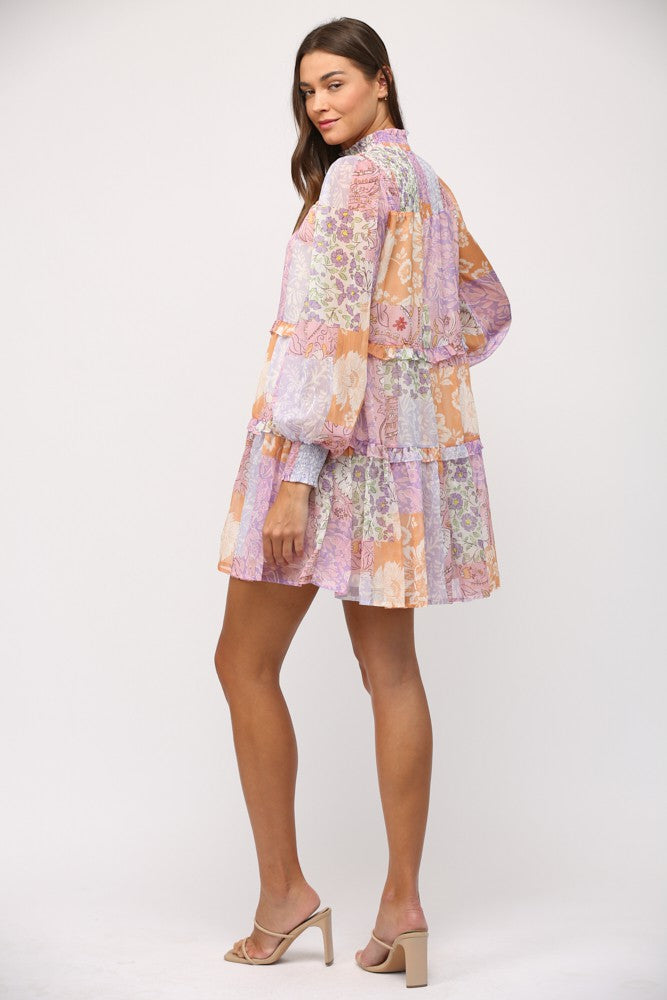 Patchwork Print Chiffon Dress