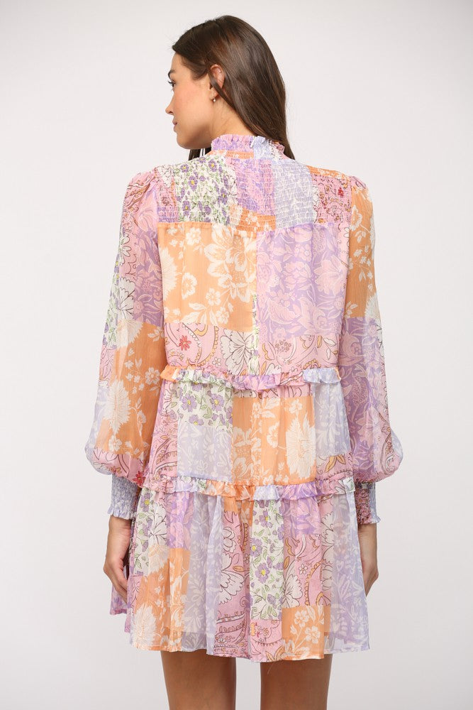 Patchwork Print Chiffon Dress