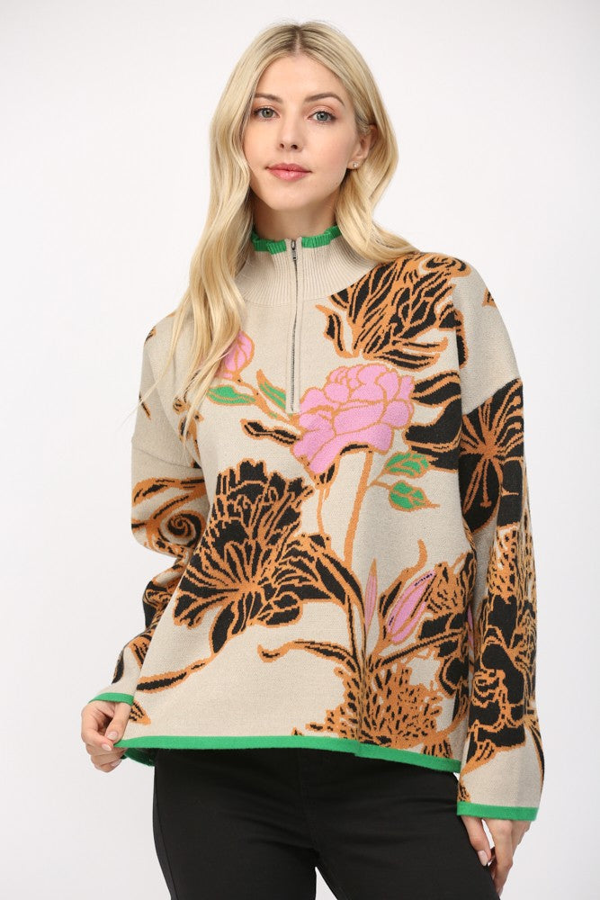 Floral Half Zip Sweater