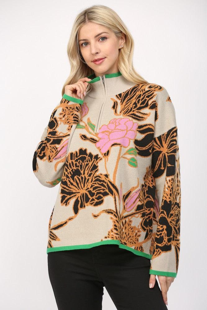 Floral Half Zip Sweater