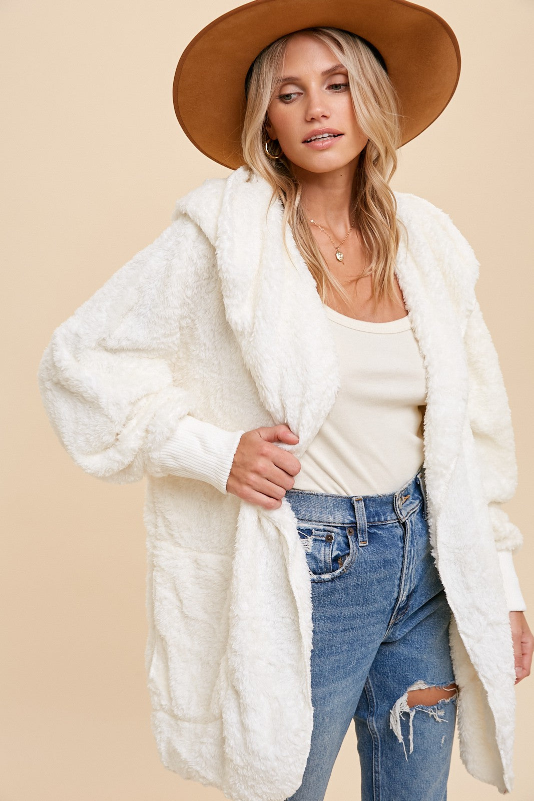 Faux Fur Plush Hooded Jacket - White