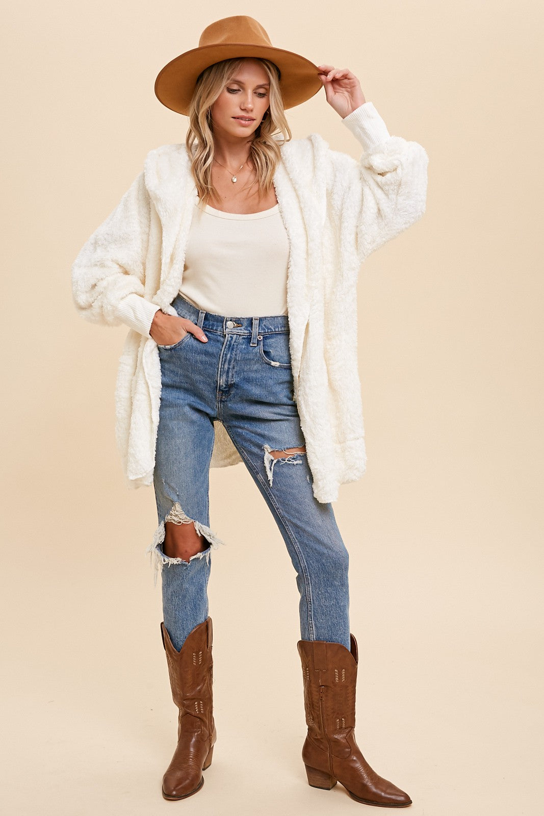 Faux Fur Plush Hooded Jacket - White