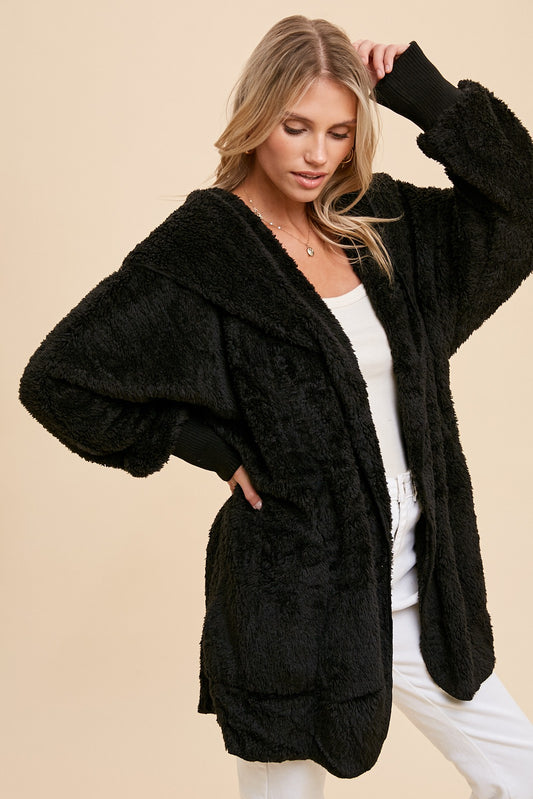 Faux Fur Plush Hooded Jacket - Black