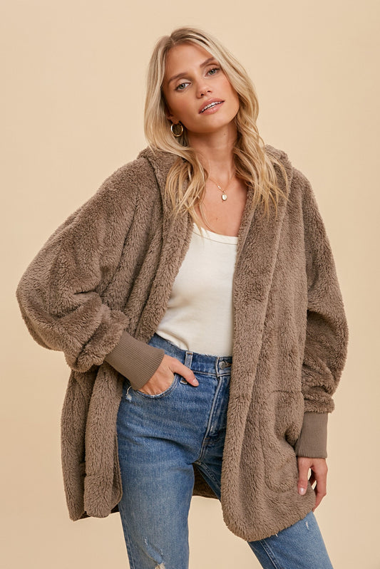 Faux Fur Plush Hooded Jacket - Ash