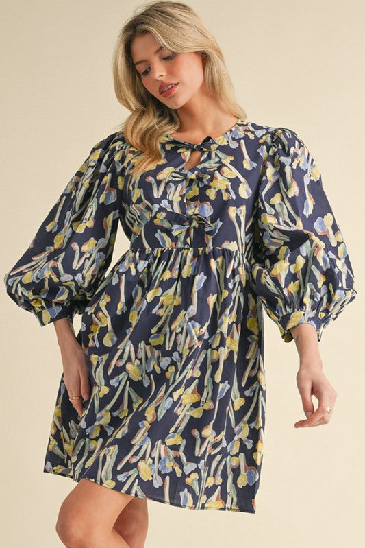 Navy Print Babydoll Dress