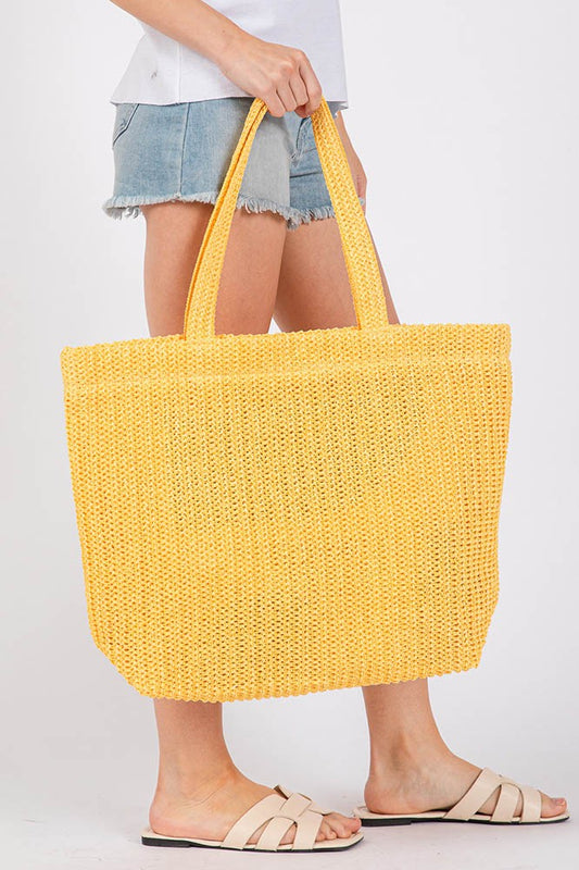 FINAL SALE Solid Crochet Straw Tote/Beach Bag- YELLOW