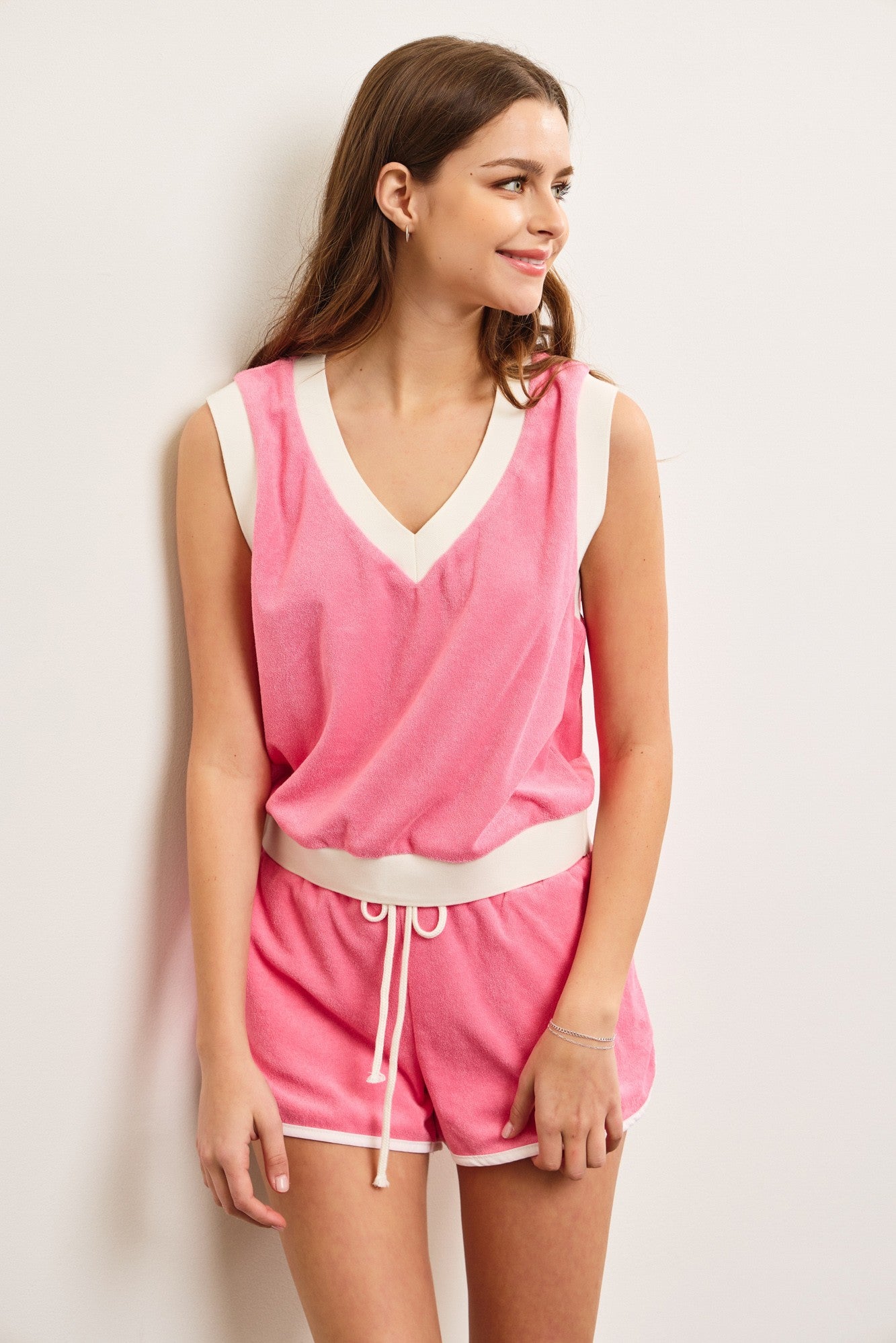 Terry Towel V-Neck & Shorts Set