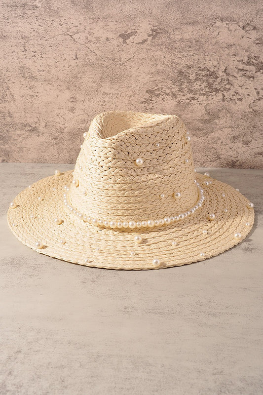 Pearl Embellished Straw Cowboy Hat