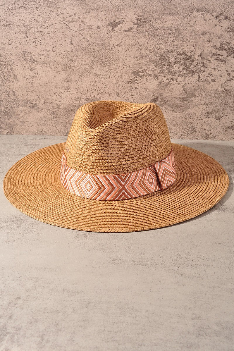 Tribal Aztec Pattern Straw Sun Hat - Taupe