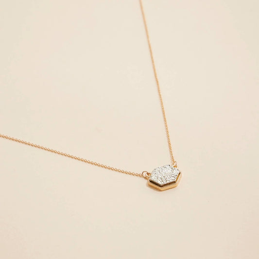 Hexagon Druzy Stone Charm Short Necklace-Gold