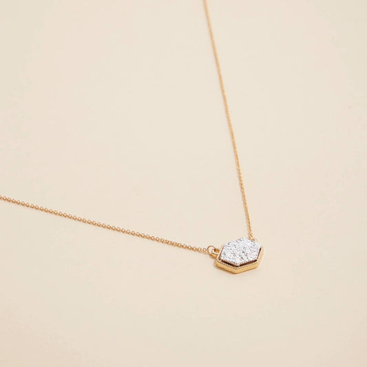 Hexagon Druzy Stone Charm Short Necklace-Gold/Silver